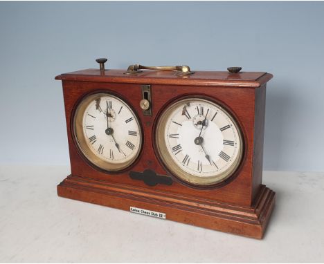 A "Jaques & Son" of London mahogany and satinwood cased "Congress Chess Timer" Tournament Clock, with twin dials and second d