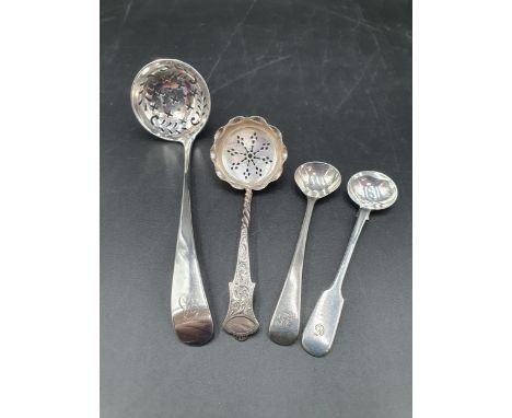 A George III silver Sifting Ladle old english pattern, London 1792, another, Birmingham 1901, and two large Condiment Spoons,