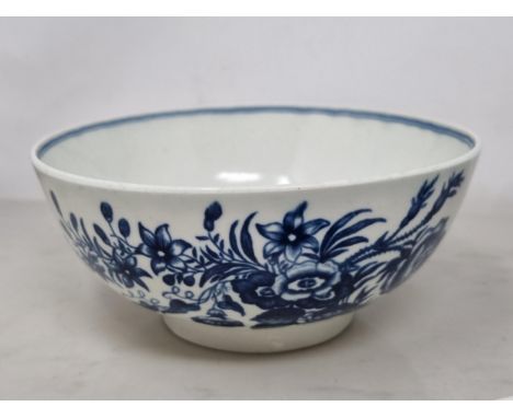 A collection of 18th Century blue and white Worcester and Caughley including, a Bowl decorated with flowers and butterflies w