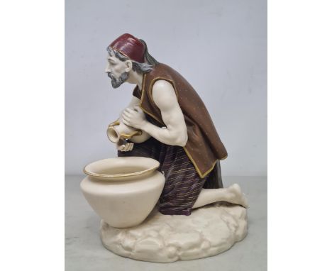 A Royal Worcester figure of a water carrier pouring water from amphora into storage jar, wearing waistcoat and robes with gil