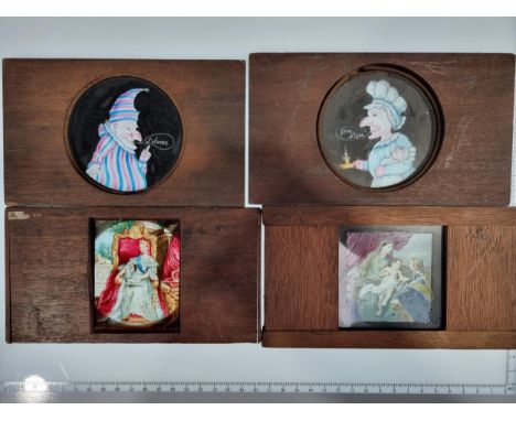Thirteen coloured Magic Lantern Slides, including A Happy New Year, Punch &amp; Judy, The Queen, A view of Calcutta, Carlus, 