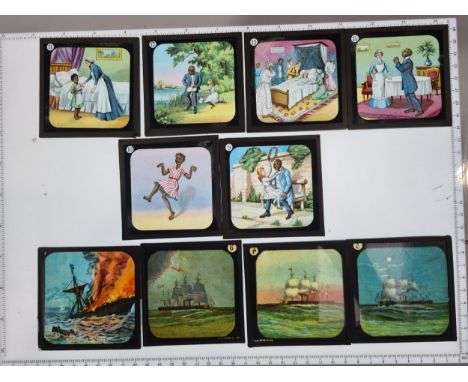 A quantity of Magic Lantern Slides including V.C.'s Soldiers fighting Tribesmen, Sailing Ships, Cinderella, Tiger Barrell, Th