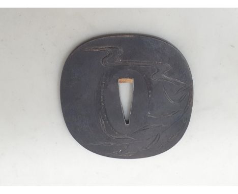 A Japanese Edo Period iron Sword Tsuba with engraved decoration of goose 3in W 