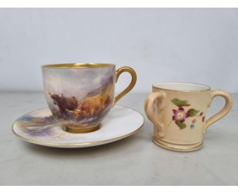 A Royal Worcester Coffee Cup and Saucer painted highland cattle within a landscape, signed H. Stinton, and a Royal Worcester 