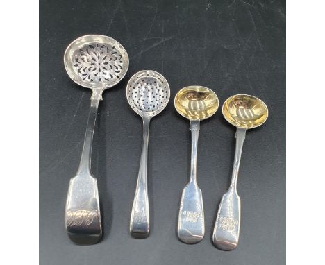 A George III silver small Sifting Ladle old english pattern, London 1796, fiddle pattern Sifting Ladle, London 1871, and a pa