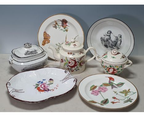 A creamware Teapot with painted floral sprays decoration and leafage moulded decoration on the spout, A/F, 5.5in H, and a cre