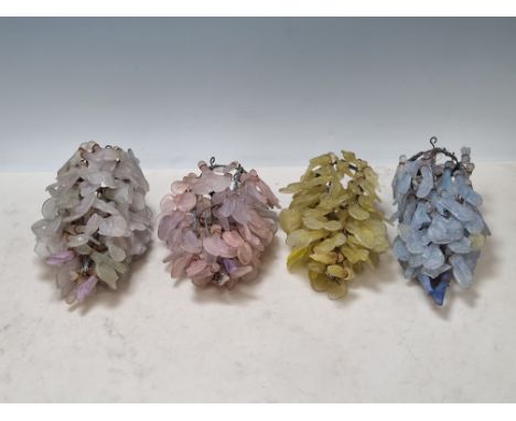Four antique coloured glass Light Shades with glass petal droplets (some A/F), 7in H