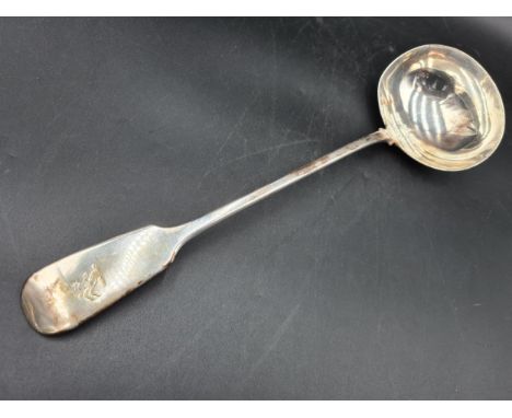 A Victorian silver Soup Ladle fiddle pattern engraved deer and arrow crest, London 1841, maker: W.E 
