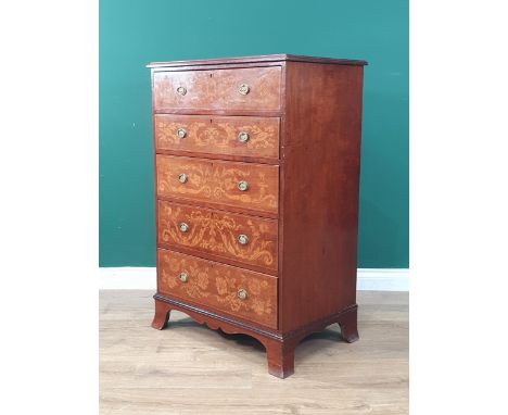 An Edwardian mahogany and marquetry Chest of five graduated drawers on splay bracket feet with shaped apron3'2" h x 2'1" w. 