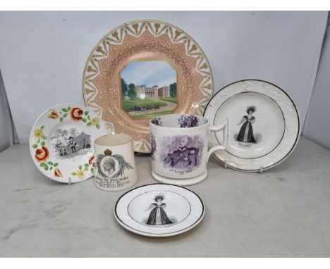 A William IV Mug with Queen Adelaide in a puce print, an Edward the Peacemaker Goss Mug, a Royal Worcester Witley Court Limit