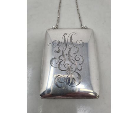 A sterling silver combined Card, Powder Compact and Sovereign and Half Sovereign Case with engraved initials and chain 