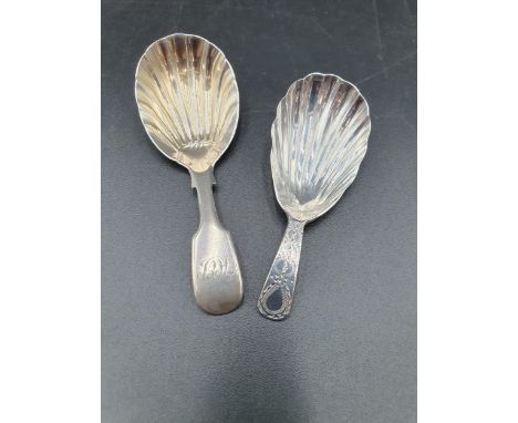 A George III silver Caddy Spoon old english pattern with bright-cut stem and scallop bowl, London 1809, and another, fiddle p