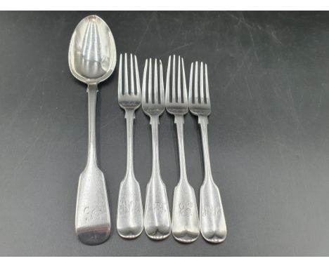 Four Victorian silver Dessert Forks fiddle pattern engraved initials, London 1851, 1857, etc, a Victorian Table Spoon fiddle 