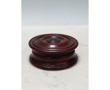 An antique turned oak Snuff Box and Cover, the interior with inscription stating that it was made from the timber of Shakespe