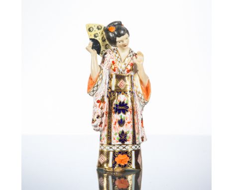 ROYAL CROWN DERBY IMARI PATTERN FIGURE OF A GEISHA 
modelled as standing with a fan, 'Geisha' and factory mark to base, date 