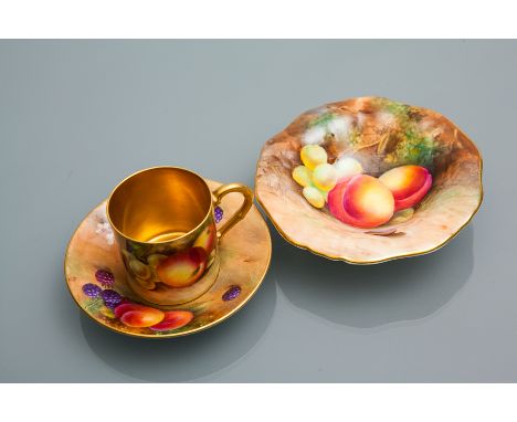 ROYAL WORCESTER COFFEE CAN AND SAUCER
decorated with hand-painted fruit with gilded interiors, can with apples and grapes sig