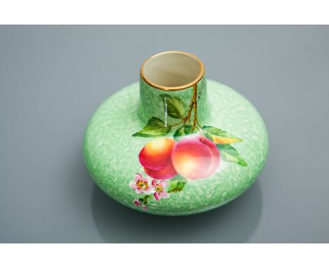 TWO SMALL ROYAL WORCESTER VASES
both decorated with hand painted fruit, one painted with peaches and blossom on a mottled gre