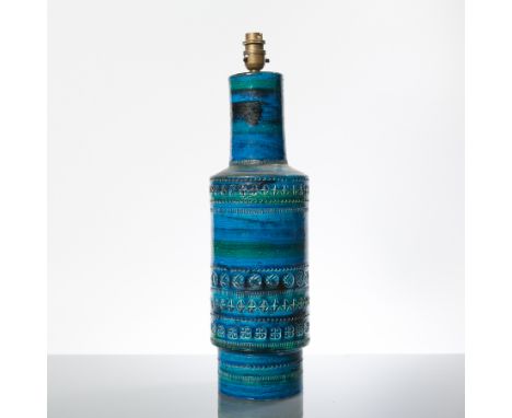 ITALIAN BITOSSI STUDIO POTTERY TABLE LAMP
in 'Rimini' blue glaze, of cylindrical form, with brass electrical light fitting, 4