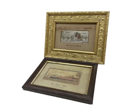 Stevengraph silkwork picture 'For Life or Death' in gilt frame and another 'The Present Time' with Stevengraph advertisement 