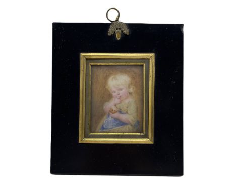 19th century miniature portrait of a child holding a toy and inscribed on the reverse 'For Edith Letitia Park from her Grand 
