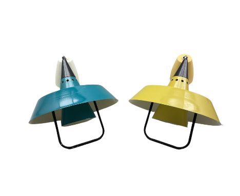 Two vintage Skandesco rise and fall pendant light fittings, blue and yellow painted metal finish, D37cm 