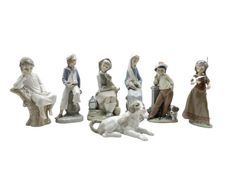 Six Lladro figures including American Love (boxed) 6153, Best Foot Forward 5738, Boy with yacht 4810, Girl with a Puppy, two 