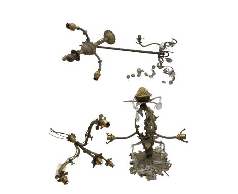 Ornate French brass three branch ceiling light with remains of glass drops H40cm and three other French brass light fittings
