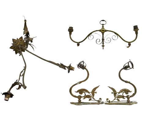 French brass three branch ceiling light H42cm, pair of French brass wall sconces with foliate design and with gas taps and a 