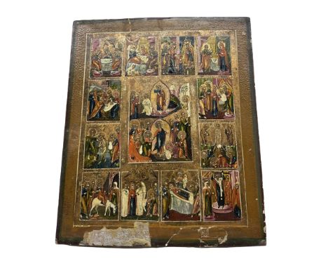 The Resurrection of Christ and Harrowing of Hades with Twelve Cardinal Feasts and Holy Trinity, 19th century icon painted in 