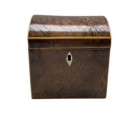 George III burr yew wood and boxwood strung dome top tea caddy with foil lined interior W12cm