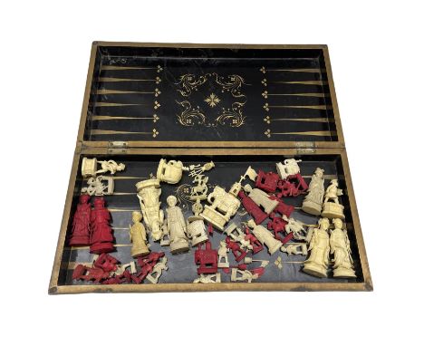 Chinese lacquer folding games box, the interior with backgammon board and containing various Chinese and Indian ivory chess p