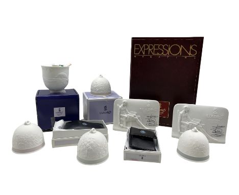 Lladro Collectors welcome box and contents of two bells, two plaques and booklet, Collectors Society tea light (boxed), two L