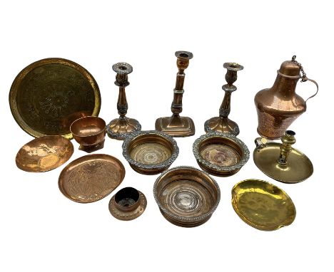 Three 19th century silver-plated bottle coasters, Portuguese copper pitcher, embossed copper dish, 19th century brass chamber