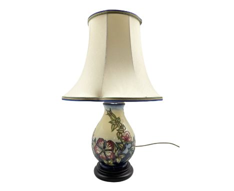 Moorcroft 'Sweet Briar' pattern table lamp with shade, designed by Rachel Bishop H22.5cm (excluding shade)