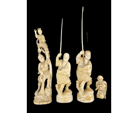 19th century Japanese carved ivory okimono of a fisherman holding a net with a figure on his shoulder, signed H23cm, two othe