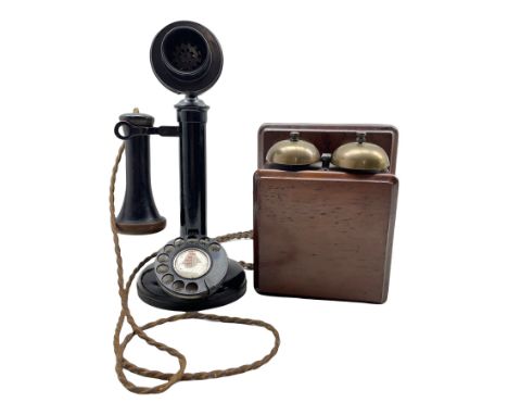 Early 20th century brass and Bakelite candlestick telephone marked no. 22 with wooden bell receiver marked no. 1A