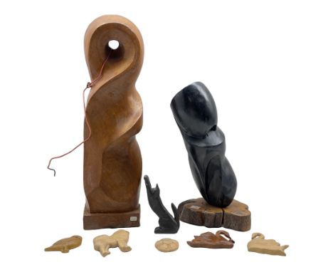 Various carvings by Ronald W. Southgate including 'The Cat' dated 98, carved oak figural abstract sculpture dated 1991, oak s