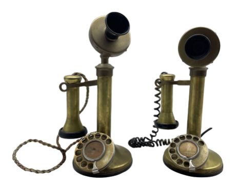 Two brass candlestick telephones with rotary dials, H32cm (2)