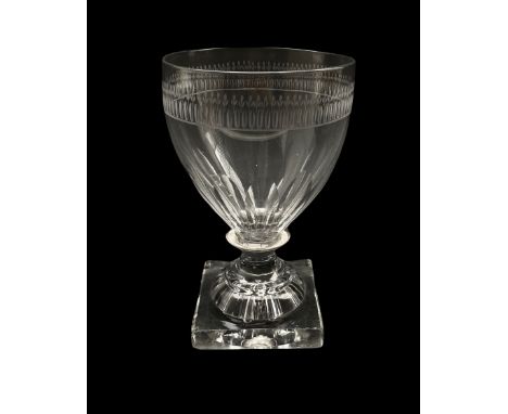 Late 18th/ early 19th century glass rummer with engraved border with a lemon squeezer base, H17cm 