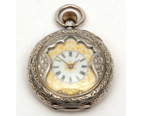 Late 19th century Swiss open face keyless cylinder fob watch, the frosted gilt and jewelled movement to a fancy gilt highligh
