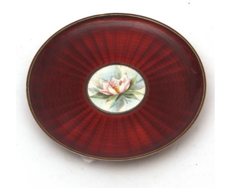 Silver and guilloche enamelled pin dish of circular form with red starburst translucent enamel and central floral detail and 