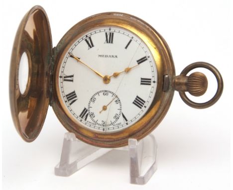 Early 20th century Swiss brass cased half-hunter pocket watch, the movement with cylinder escapement to a Roman enamel dial s