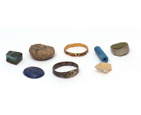 Small box of miniature antiquities including an enamel gold ring (A/F)  