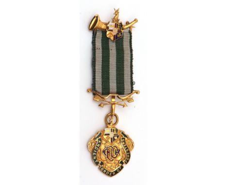 9ct gold and enamel medallion "Ancient Order of Foresters", hallmarked Birmingham 1930 on a green and white striped ribbon wi