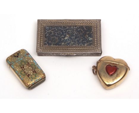Mixed Lot: brass heart shaped vesta case with hinged and sprung cover and side striker with ring suspension and further inset