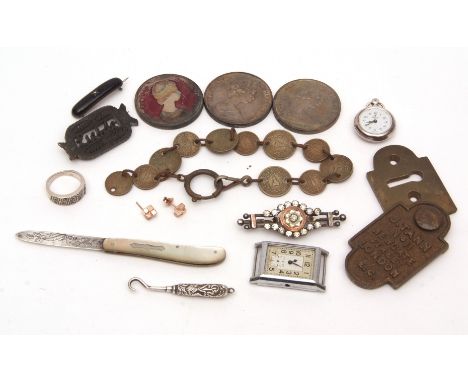 Mixed Lot: silver bladed and mother of pearl handled fruit knife, coin bracelet, gents wristwatch, antique paste set brooch, 