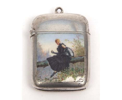 Victorian hallmarked silver and enamelled vesta case, of hinged rectangular form with sprung cover and top suspension, front 