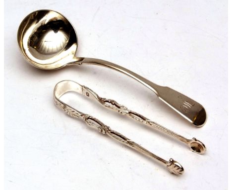 Mixed Lot: pair of cast sugar tongs with pierced foliate arms and initialled bridge, length 5ins, and bearing assay and maker