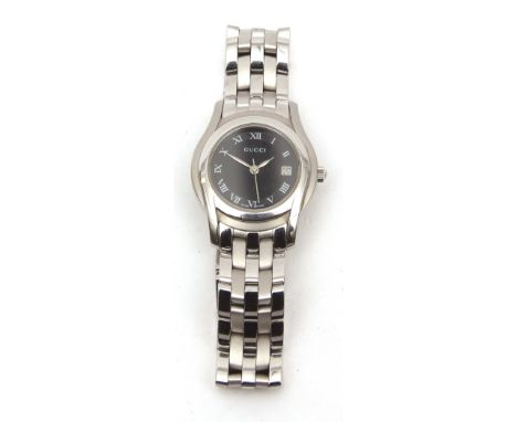 Late 20th century quartz ladies dress watch, Gucci, the quartz movement to a signed black dial with Roman chapter ring and da