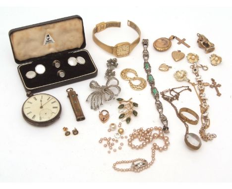 Mixed Lot: marcasite brooch, bracelet, Tissot watch, pocket watch (a/f), scarf clip, cased set of mother of pearl studs etc  